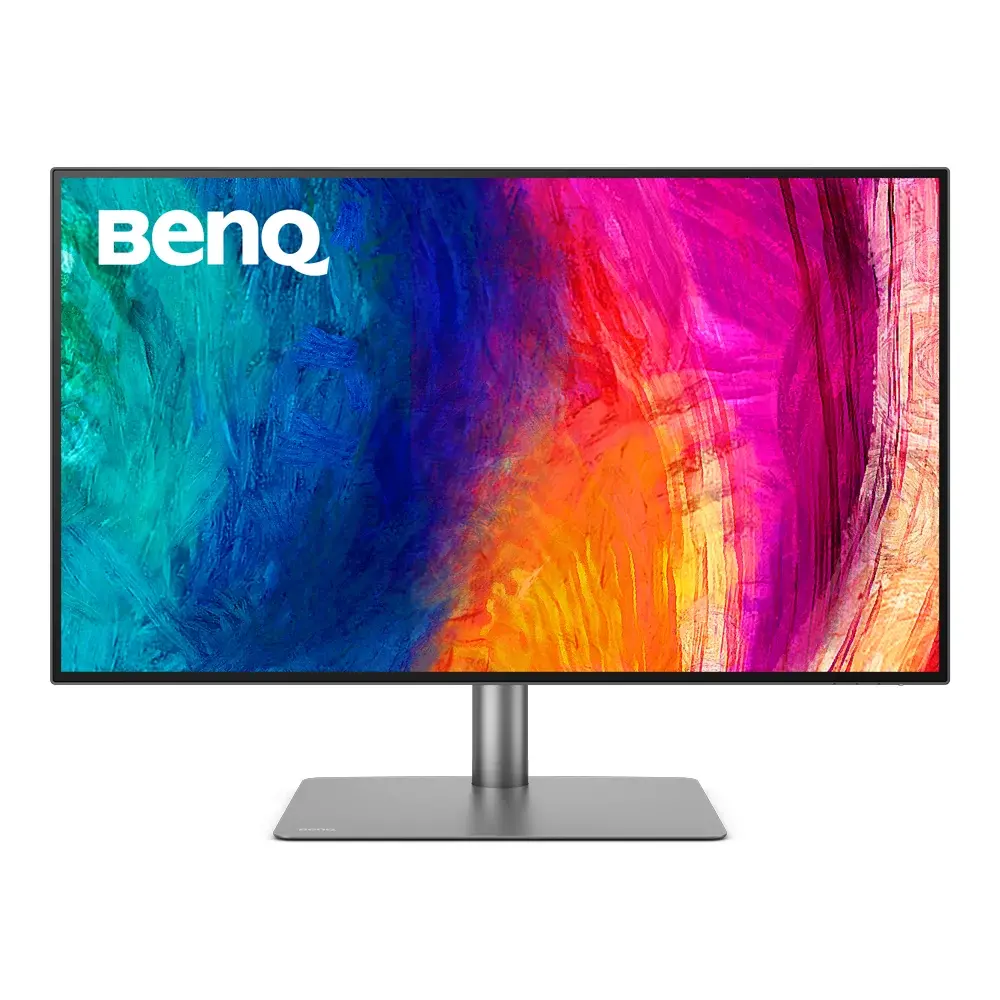 BenQ PD3225U 31.5-inch monitor from the front on its grey rectangular stand.