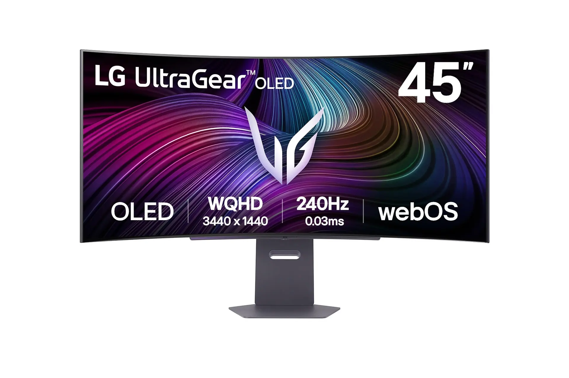 LG UltraGear 45GX90SA-B exact UK-model official front view on its supplied stand.