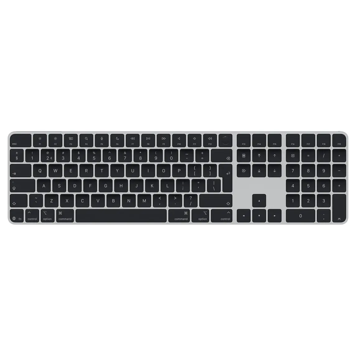 Magic Keyboard with Touch ID and Numeric Keypad, black keys, silver aluminium structure, round Touch ID sensor, full-height function keys