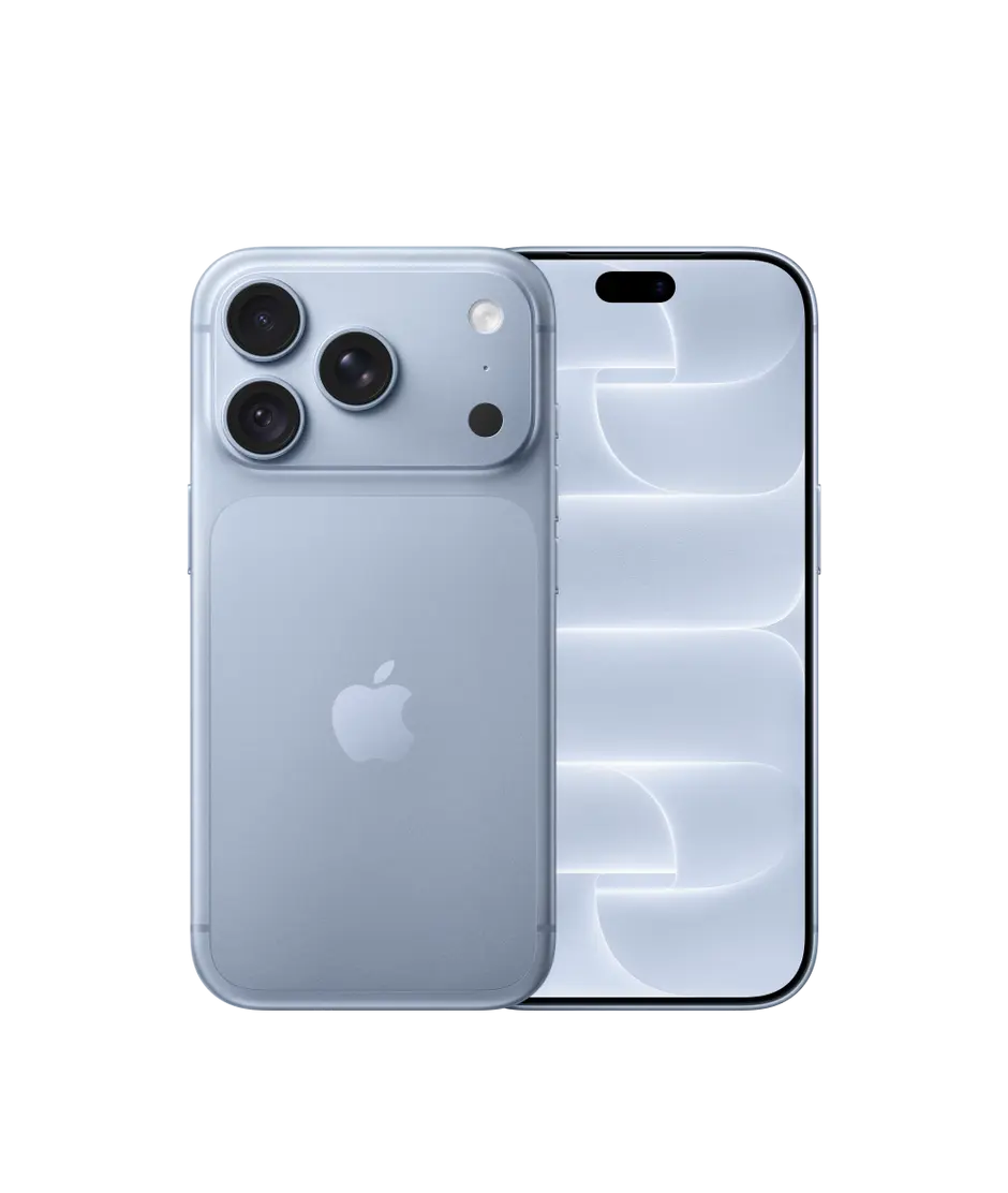 iPhone 18 Pro, back exterior, glacier colour (light blue), Pro Fusion camera system at top, Apple logo in centre, front exterior, all-screen design, Dynamic Island at top centre
