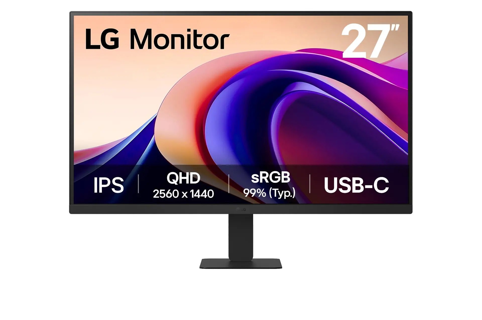 LG 27U631A-B exact UK-model official front view on its supplied stand.