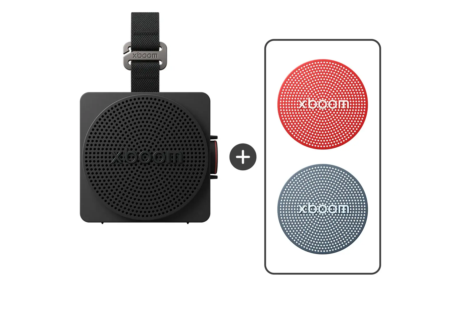 Front view of LG xboom Mini by will.i.am Speaker - Black & Replacement Grille - Red & Blue Bundle MINIB.AGLBLRB