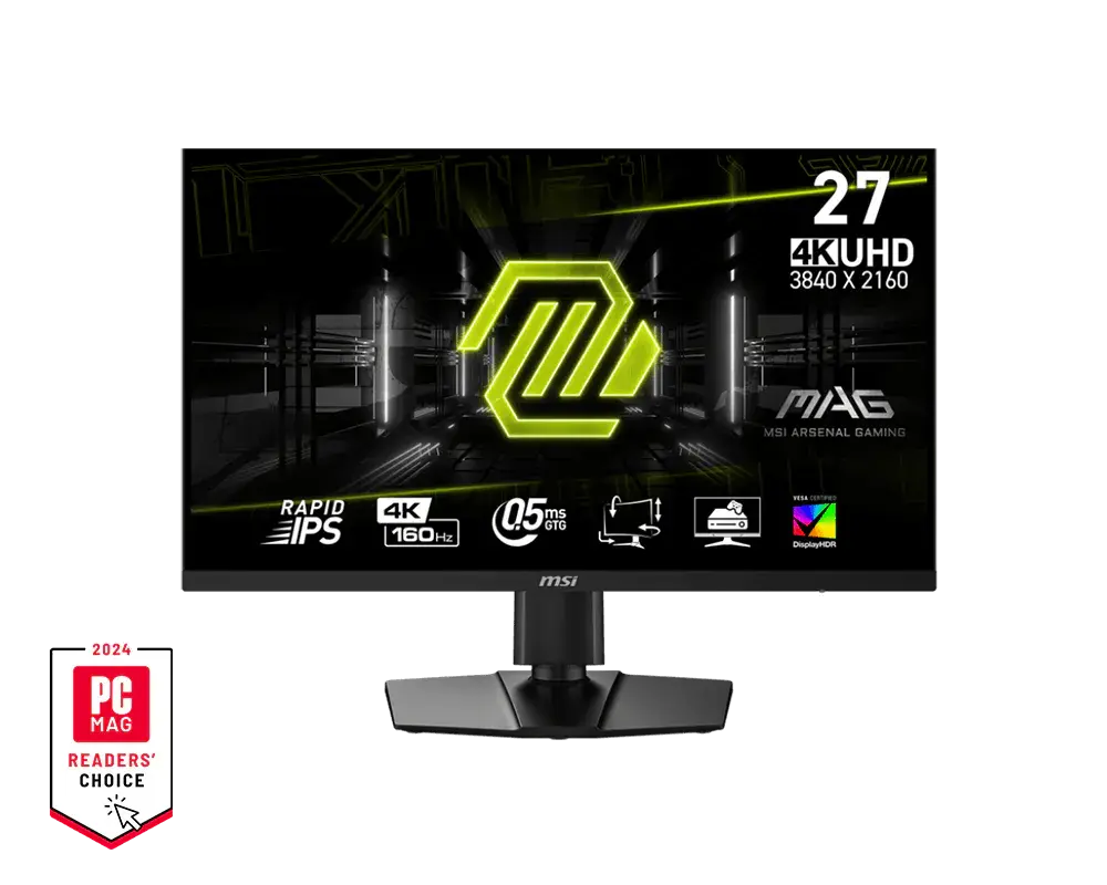 MSI MAG 274UPF E2 monitor on its supplied stand, official front view with manufacturer sample screen artwork