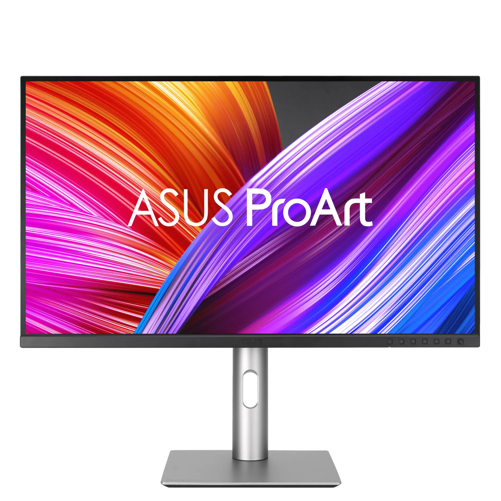 ASUS ProArt Display PA279CRV monitor from the front on its silver height-adjustable stand, with ProArt screen artwork.