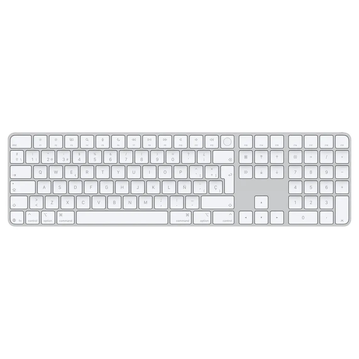 Magic Keyboard with Touch ID and Numeric Keypad, whitekeys, silver aluminium structure, round Touch ID sensor, full-height function keys