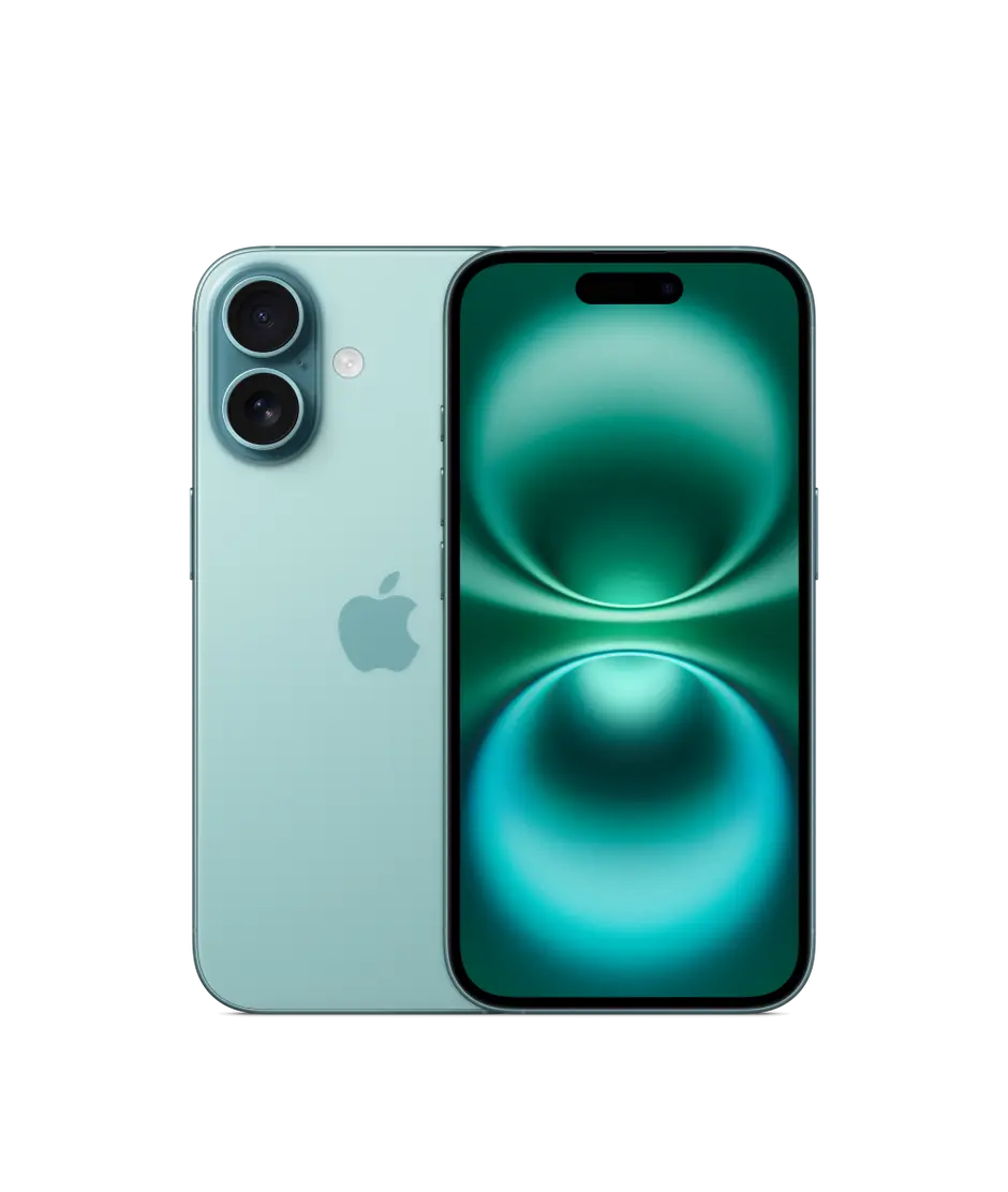 iPhone 16, back exterior, Teal finish, camera system, front exterior, all-screen design, Dynamic Island, thin black display border.