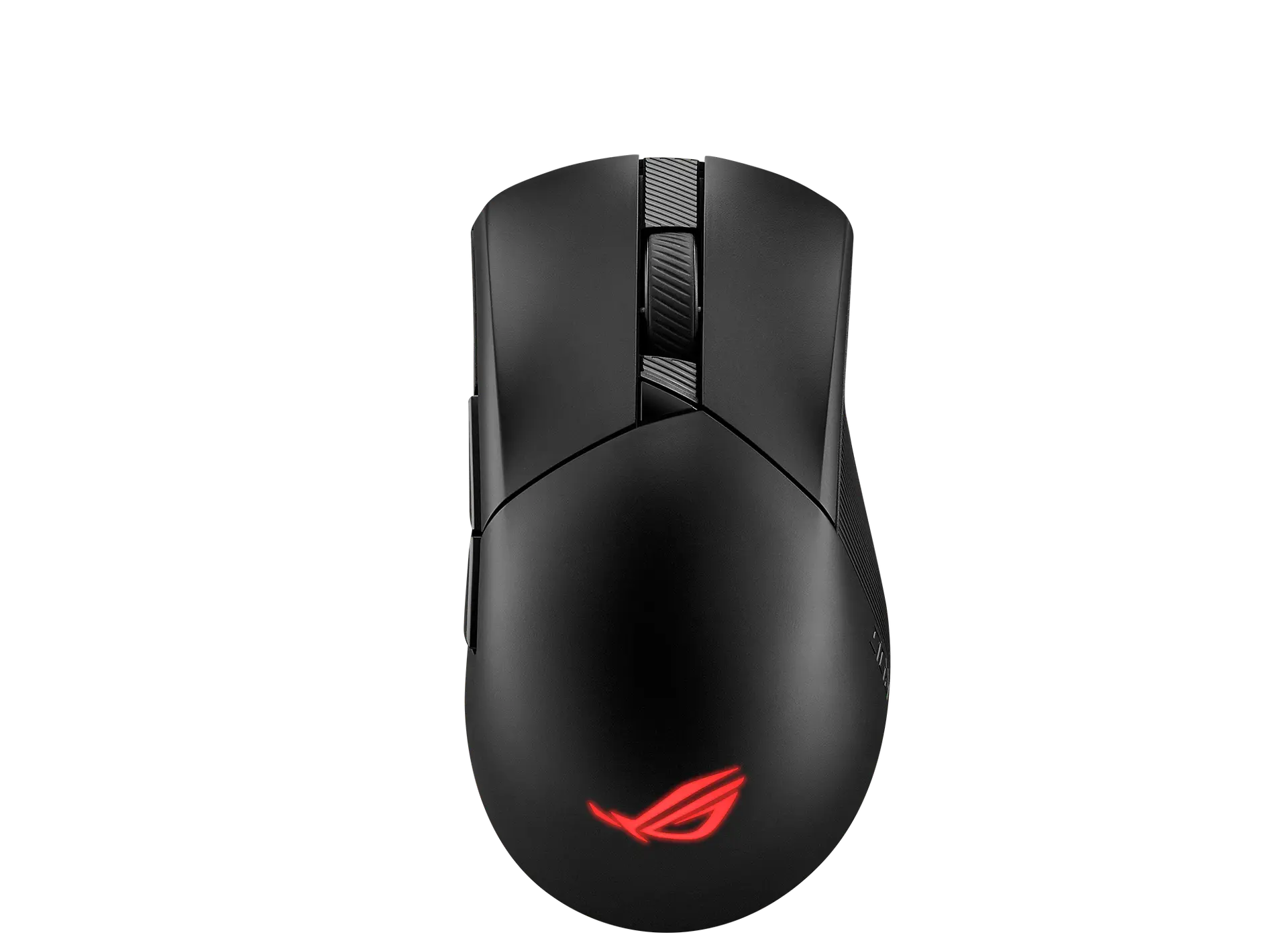 ASUS ROG Gladius III Wireless AimPoint mouse in black, top view showing the scroll wheel, left side buttons and red ROG logo