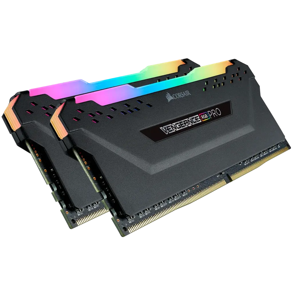 Corsair Vengeance RGB Pro 16 GB CMW16GX4M2C3200C16 — Two black VENGEANCE RGB PRO DDR4 modules with illuminated top diffusers; not RGB PRO SL.