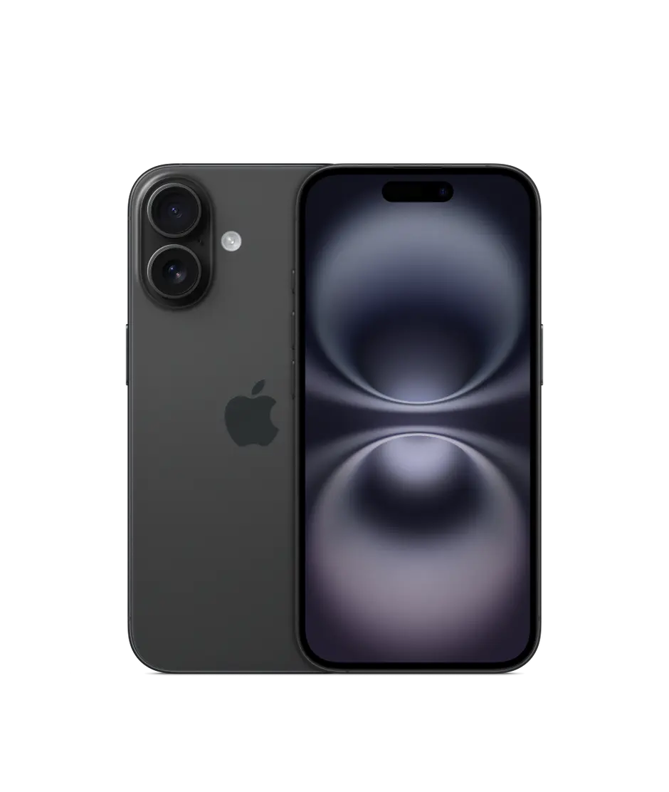 iPhone 16, back exterior, Black finish, camera system, front exterior, all-screen design, Dynamic Island, thin black display border.