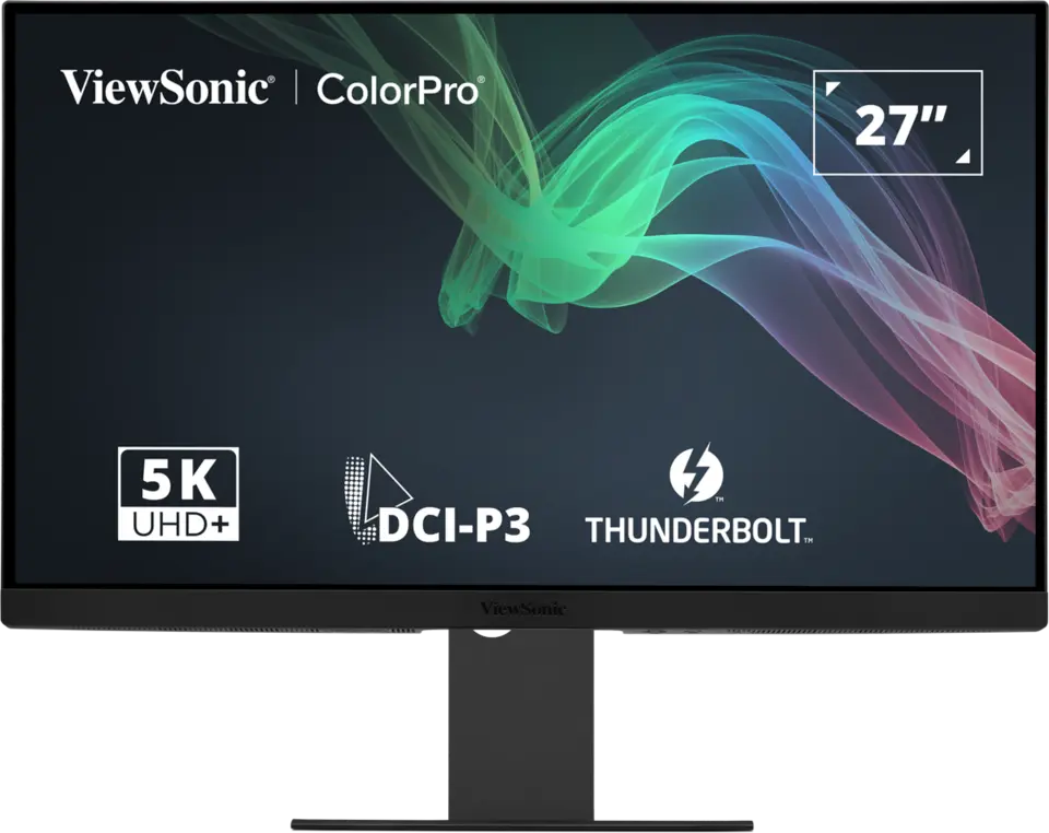 ViewSonic ColorPro VP2788-5K monitor from the front on its black stand, with 5K, DCI-P3 and Thunderbolt badges on screen.