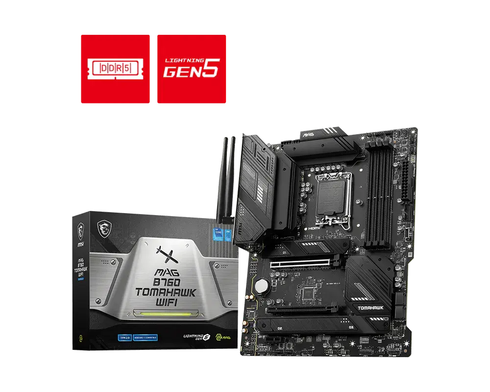 MSI MAG B760 TOMAHAWK WIFI motherboard and manufacturer packaging with the exact model name visible
