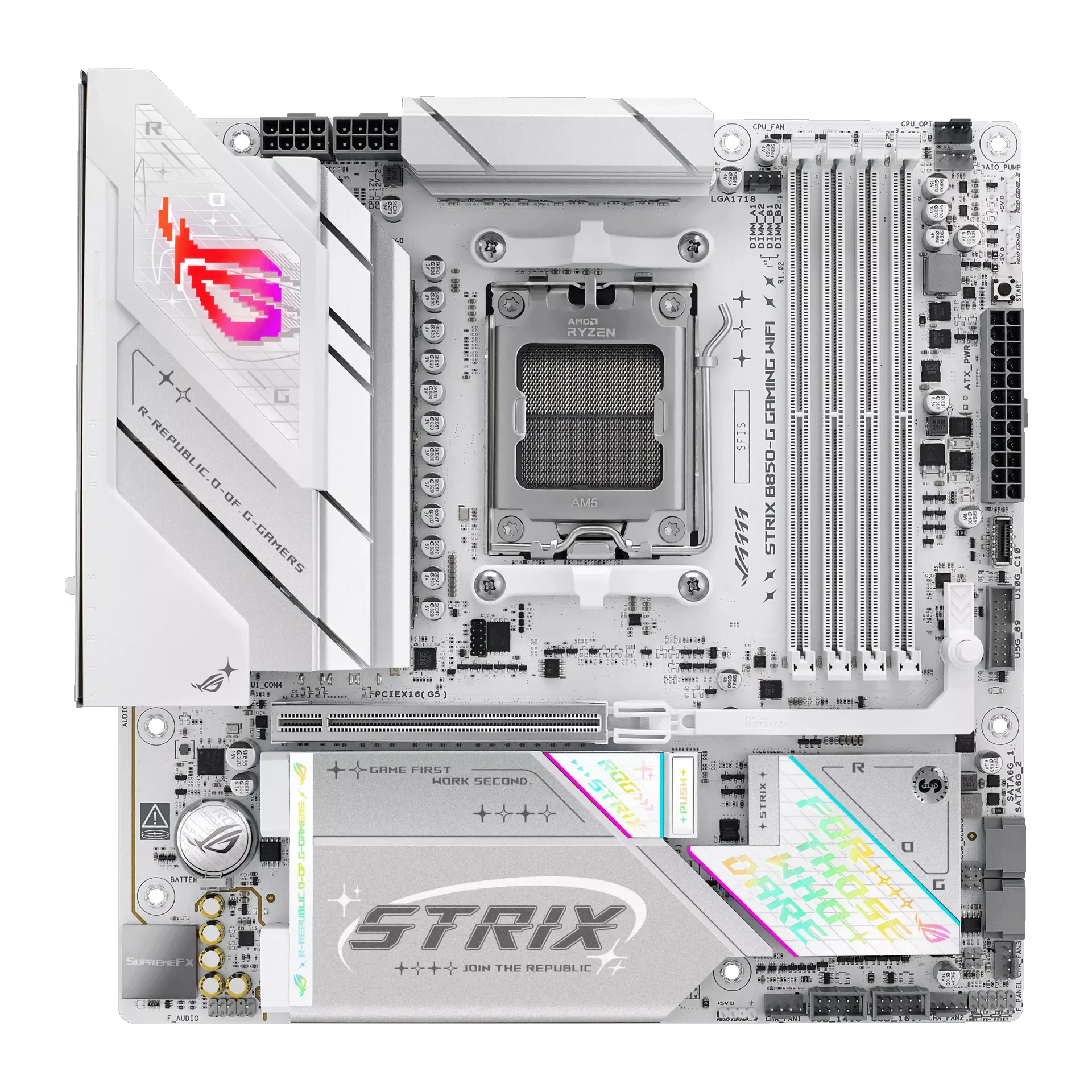 ASUS ROG STRIX B850-G GAMING WIFI micro-ATX motherboard in white, official front view showing its exact board layout, AM5 processor socket, four memory slots and heatsinks.
