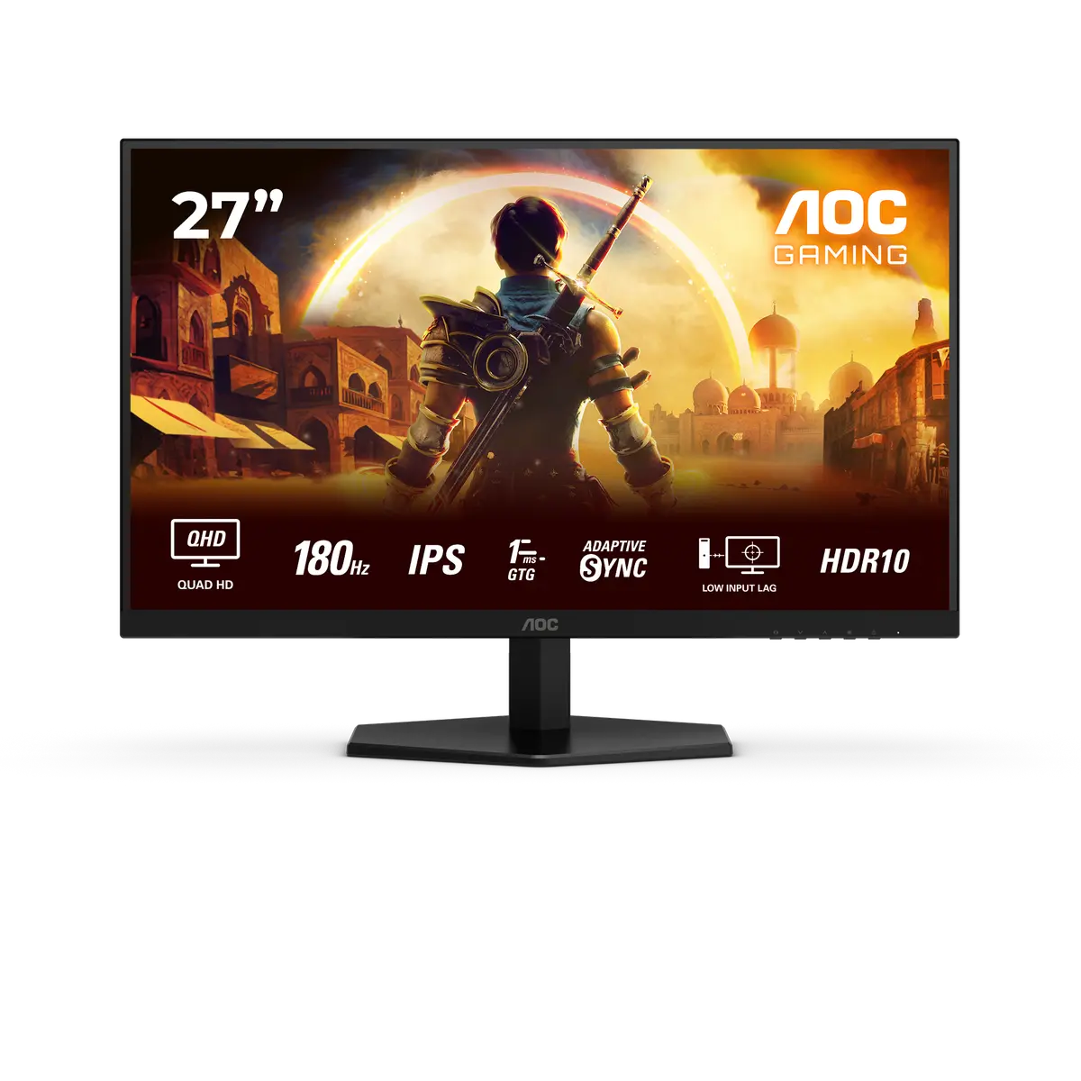 AOC Q27G42XE monitor, official exact-model gallery view showing the screen and supplied stand.