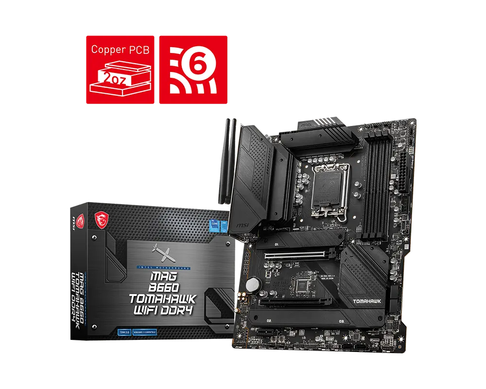 MSI MAG B660 TOMAHAWK WIFI DDR4 motherboard with exact-model retail packaging