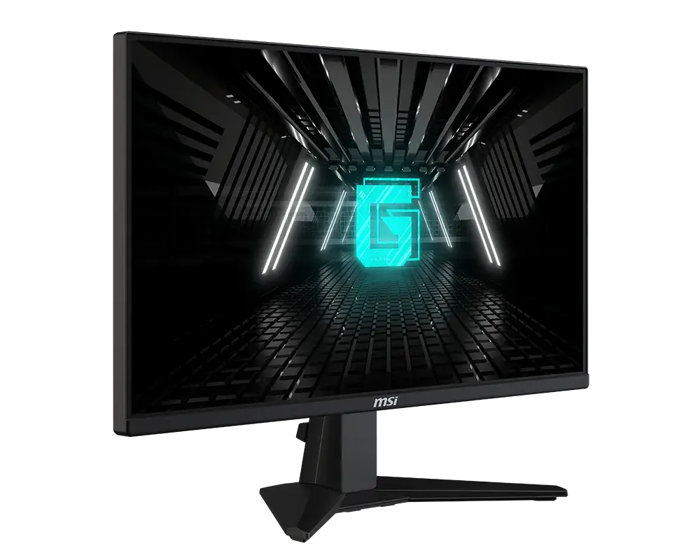 MSI G255F: one monitor with its supplied stand, shown from the front at an angle