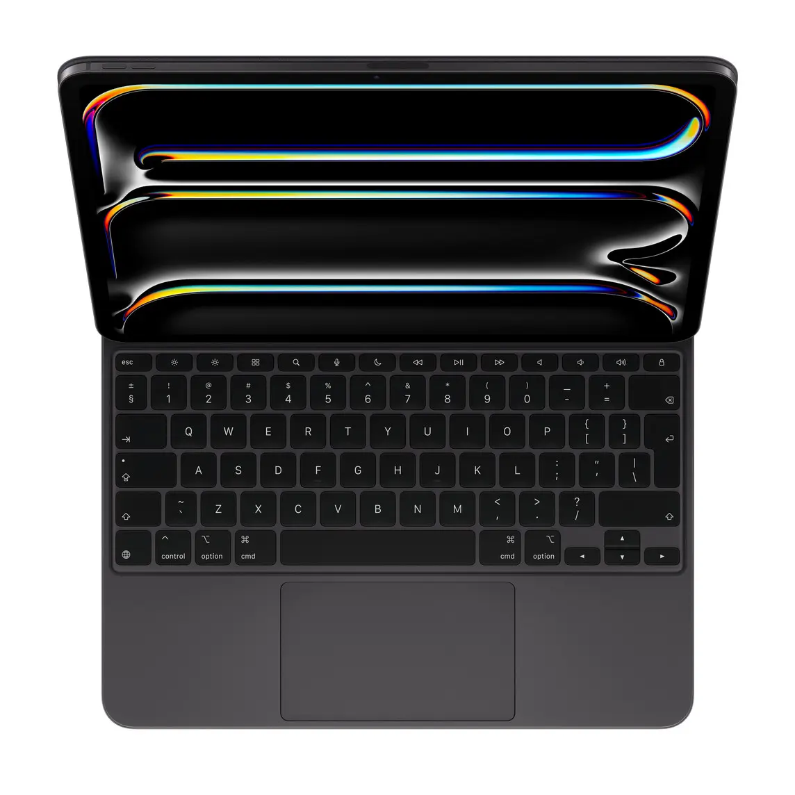iPad Pro attached to Magic Keyboard, Black, black keys with white text, inverted T arrow keys, function key row, built-in trackpad