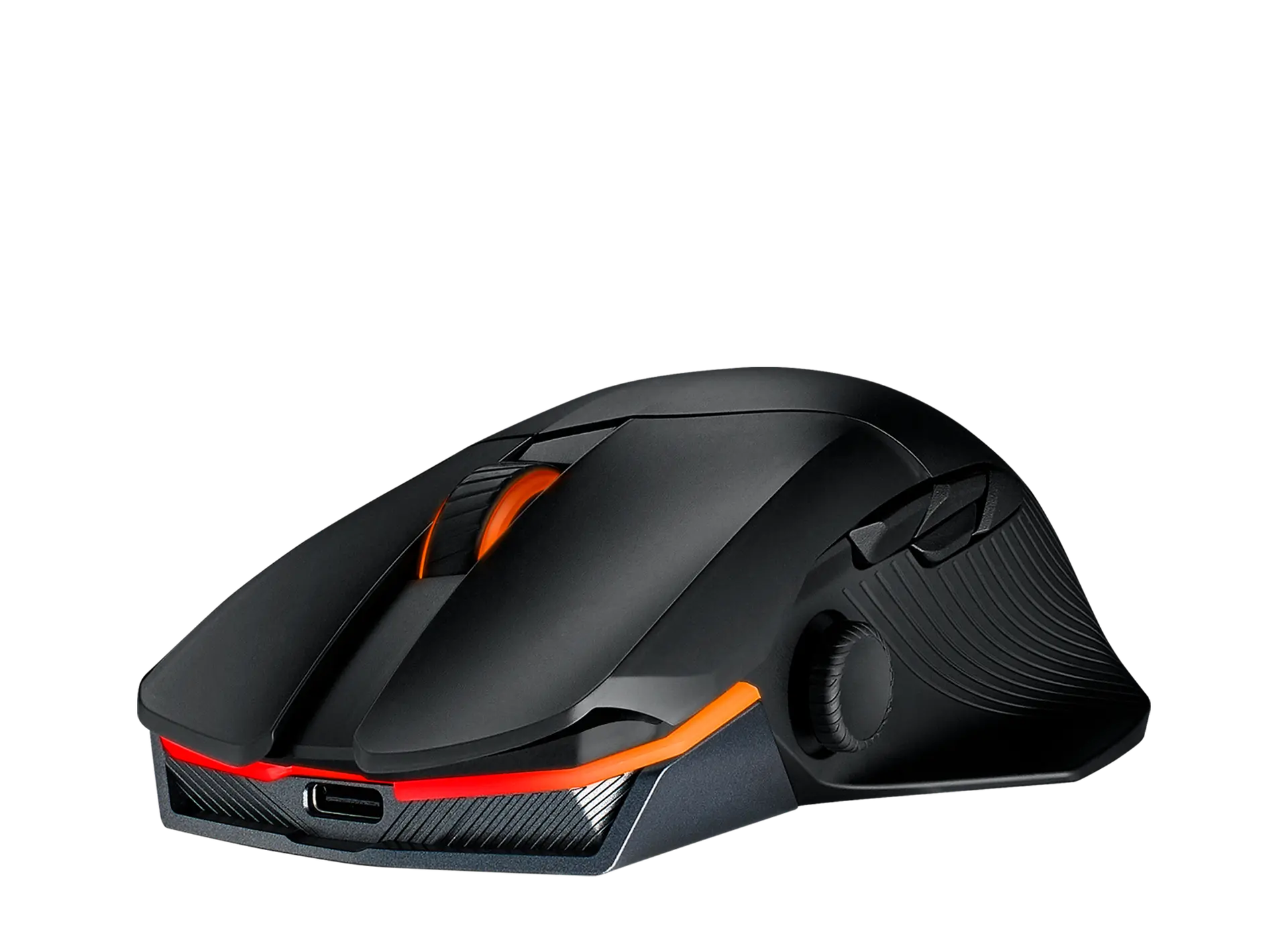 ASUS ROG Chakram X Origin wireless mouse in translucent black and silver, front three-quarter view showing the orange-lit scroll wheel and light strip, USB-C port and left-side joystick