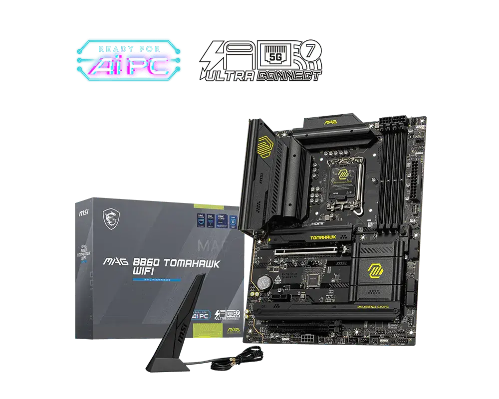 MSI MAG B860 TOMAHAWK WIFI motherboard and manufacturer packaging with the exact model name visible