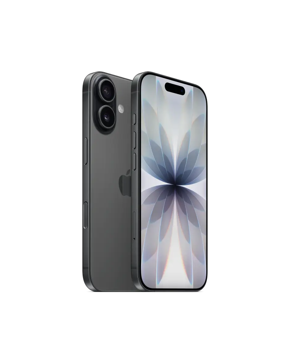 iPhone 17, back exterior, black colour, Dual Fusion camera system, front exterior, all screen design, Dynamic Island, thin black display border.