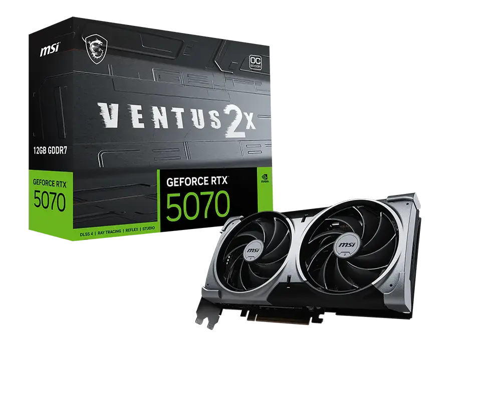 MSI GeForce RTX 5070 12G VENTUS 2X OC graphics card and exact-model retail box showing 12 GB GDDR7