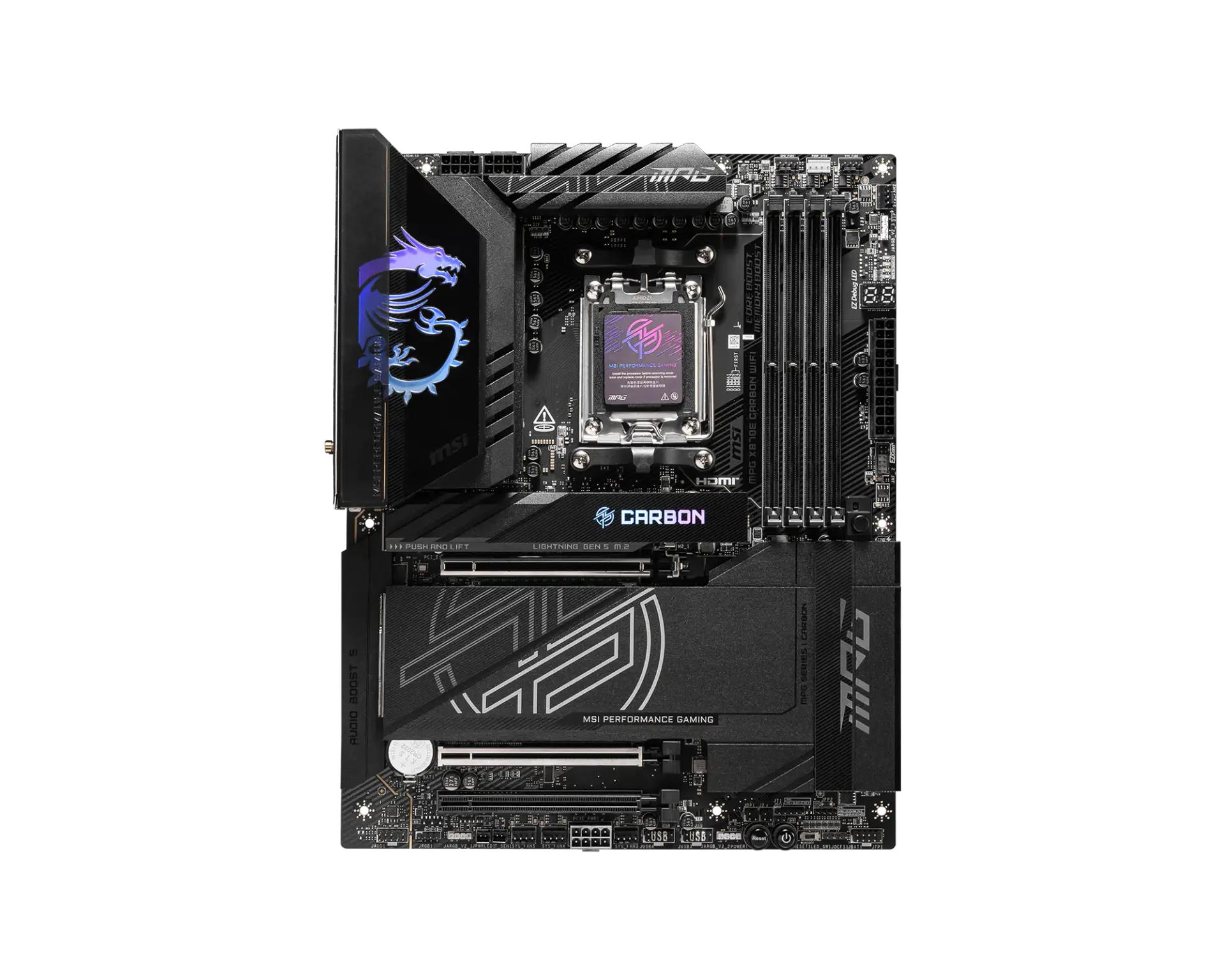 MSI MPG X870E CARBON WIFI motherboard, top view of the exact global model; CPU and memory are not installed