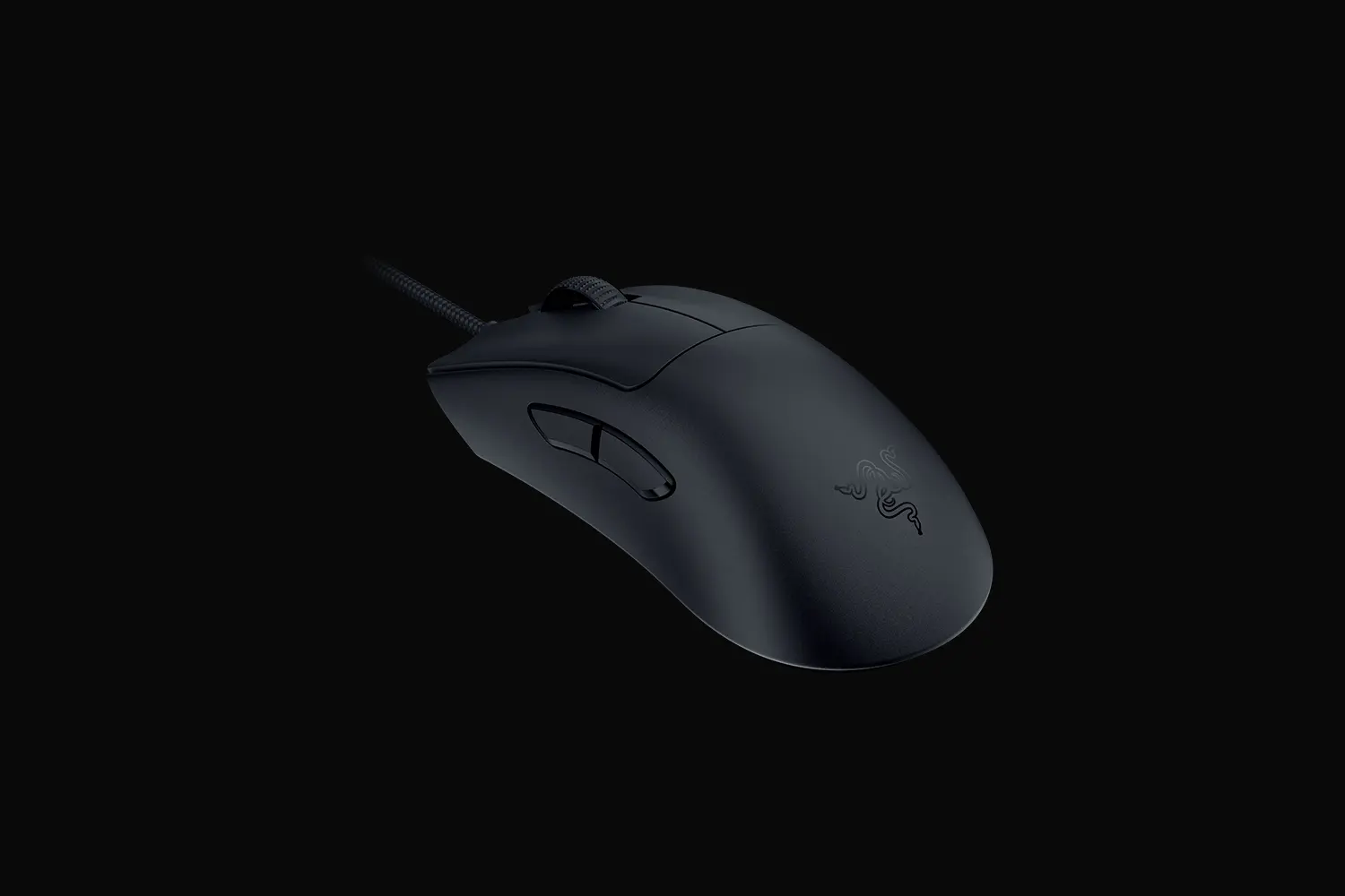 Razer DeathAdder V3 wired mouse in black, angled view showing the left-side buttons and braided cable
