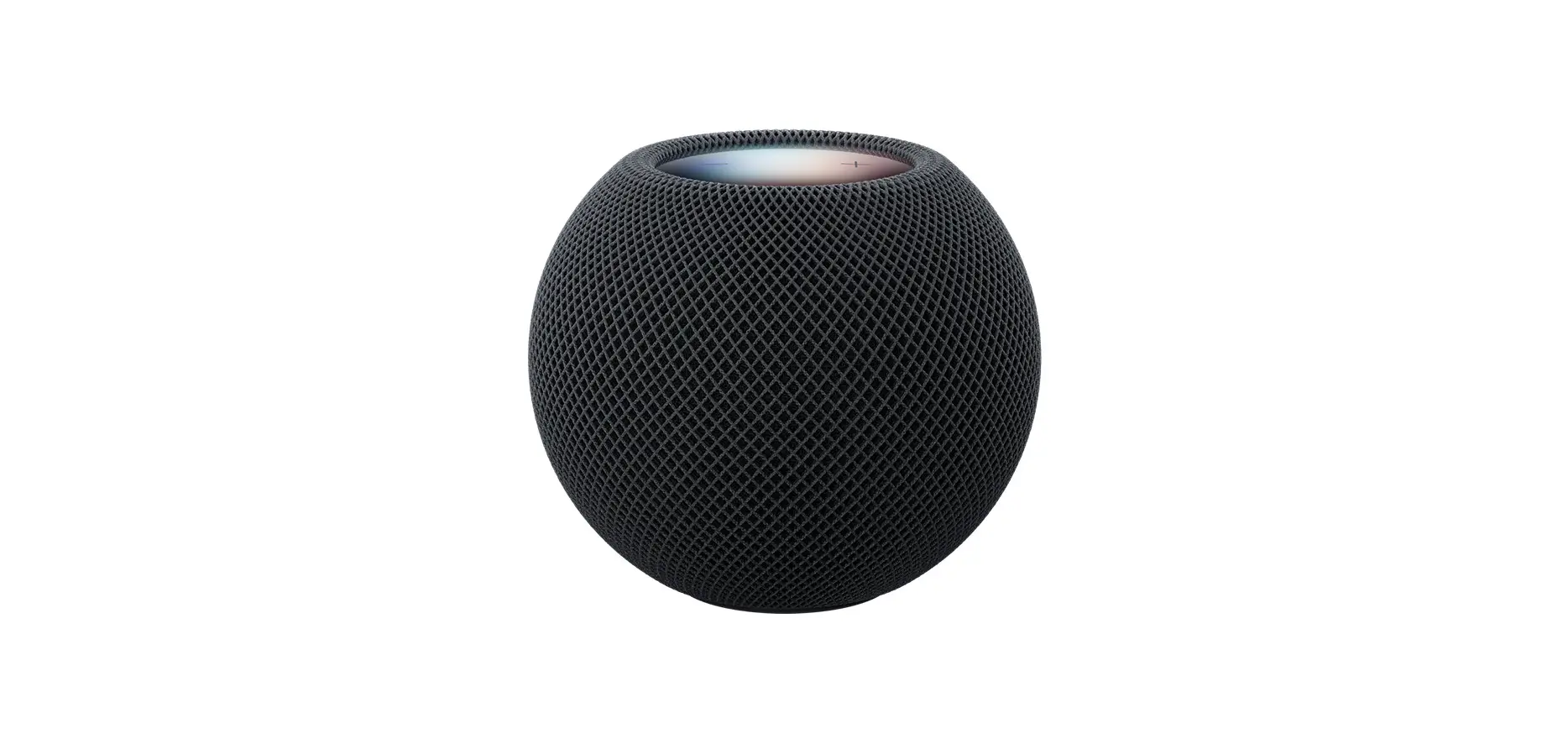 HomePod mini 2, midnight colour (black), front exterior, compact spherical design, seamless acoustic mesh fabric. Top exterior, flat backlit touch surface, multi‑coloured illumination
