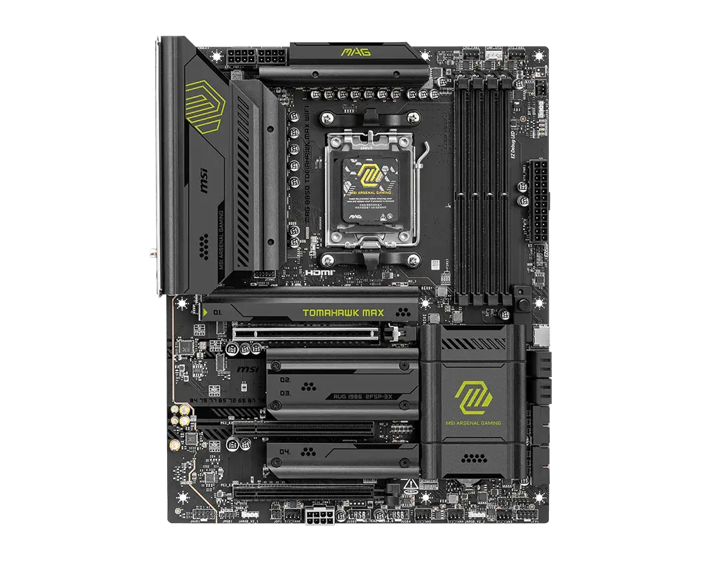MSI MAG B850 TOMAHAWK MAX WIFI motherboard, top view of the exact global model; CPU and memory are not installed