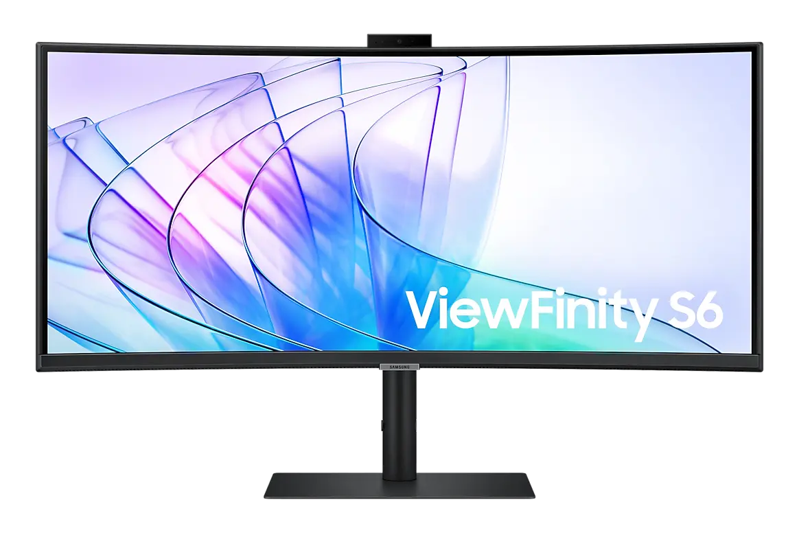 Samsung ViewFinity S6 S65VC 34-inch monitor, official exact-model gallery view showing the screen and supplied stand.