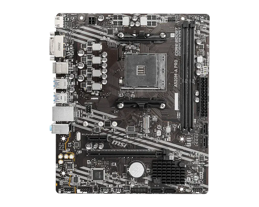 MSI A520M-A PRO motherboard, top view of the exact global model; CPU and memory are not installed