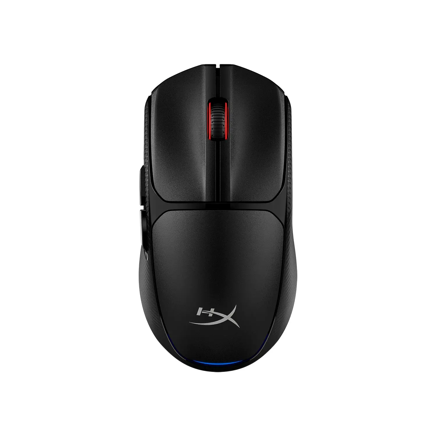 HyperX Pulsefire Fuse Wireless mouse in black, top view showing the red-lit scroll wheel, textured side panels, two left side buttons and a blue light at the rear