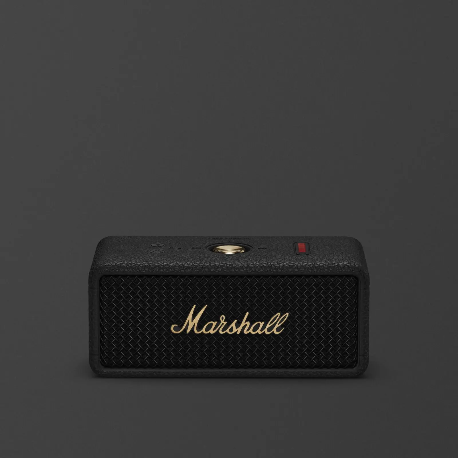 Marshall Emberton III portable speaker in Black and Brass, front view with woven black grille, brass Marshall script and brass control jog on top