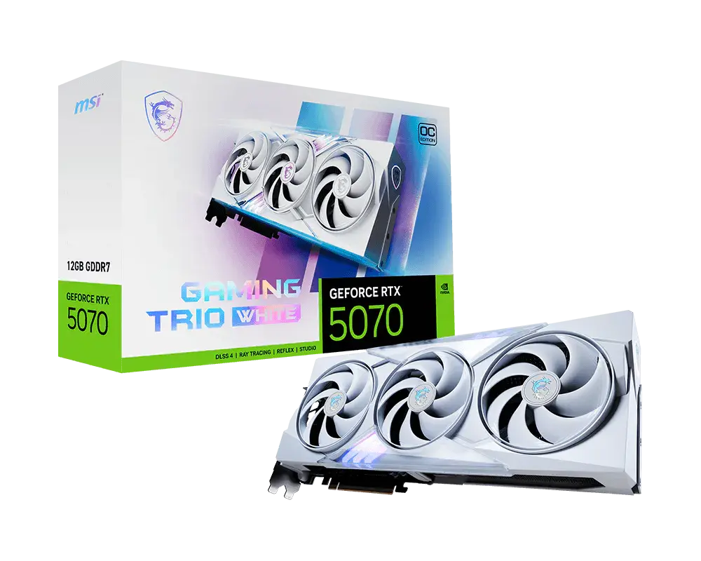 MSI GeForce RTX 5070 12G GAMING TRIO OC WHITE: one graphics card beside its exact model retail box