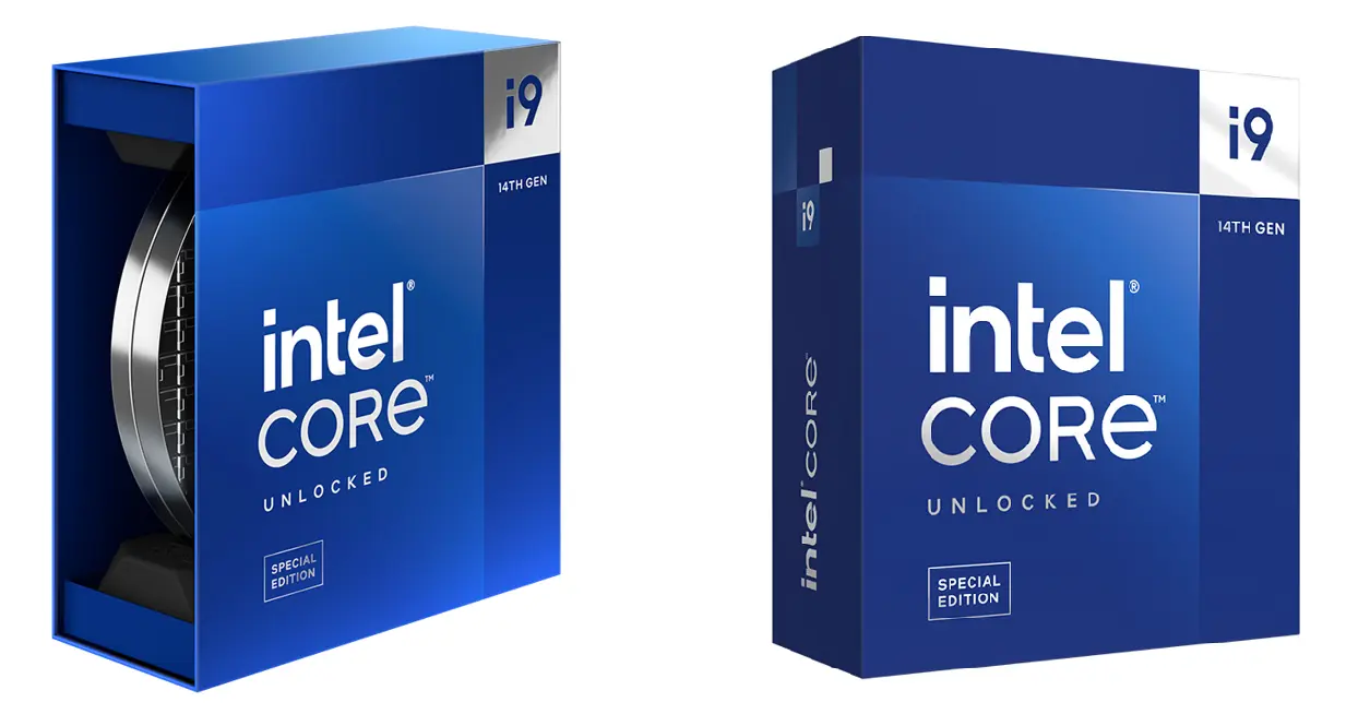 Intel Core i9-14900KS Special Edition packaging alternatives: discontinued premium box on the left and replacement standard box on the right; one processor, not a bundle