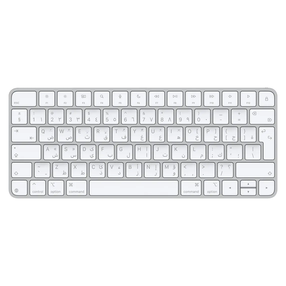 Magic Keyboard, white keys, silver aluminium structure, full-height function keys, half-height up and down arrow keys