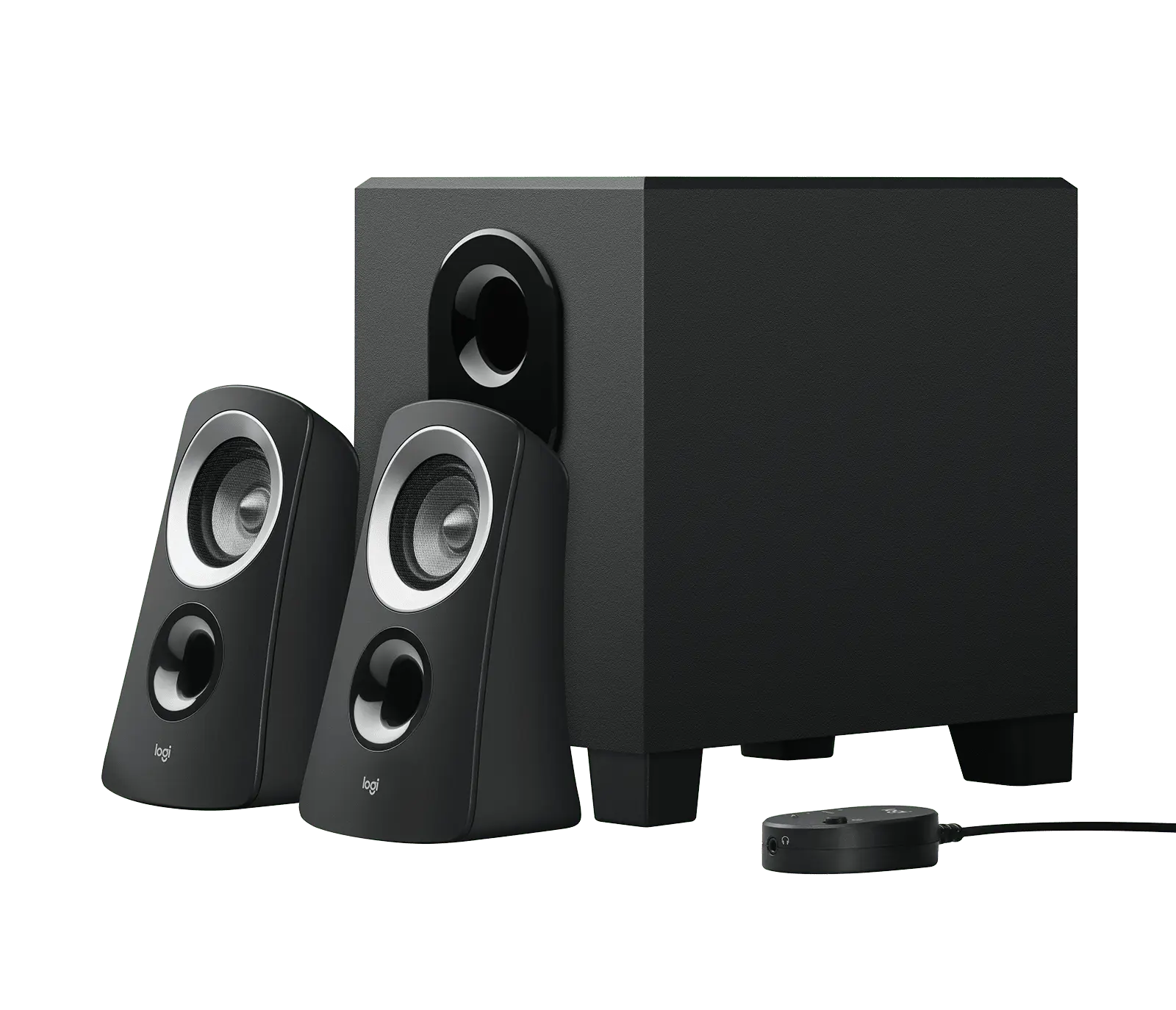 Black Logitech Z313 2.1 system: two angled satellite speakers, a subwoofer box and a round wired control pod