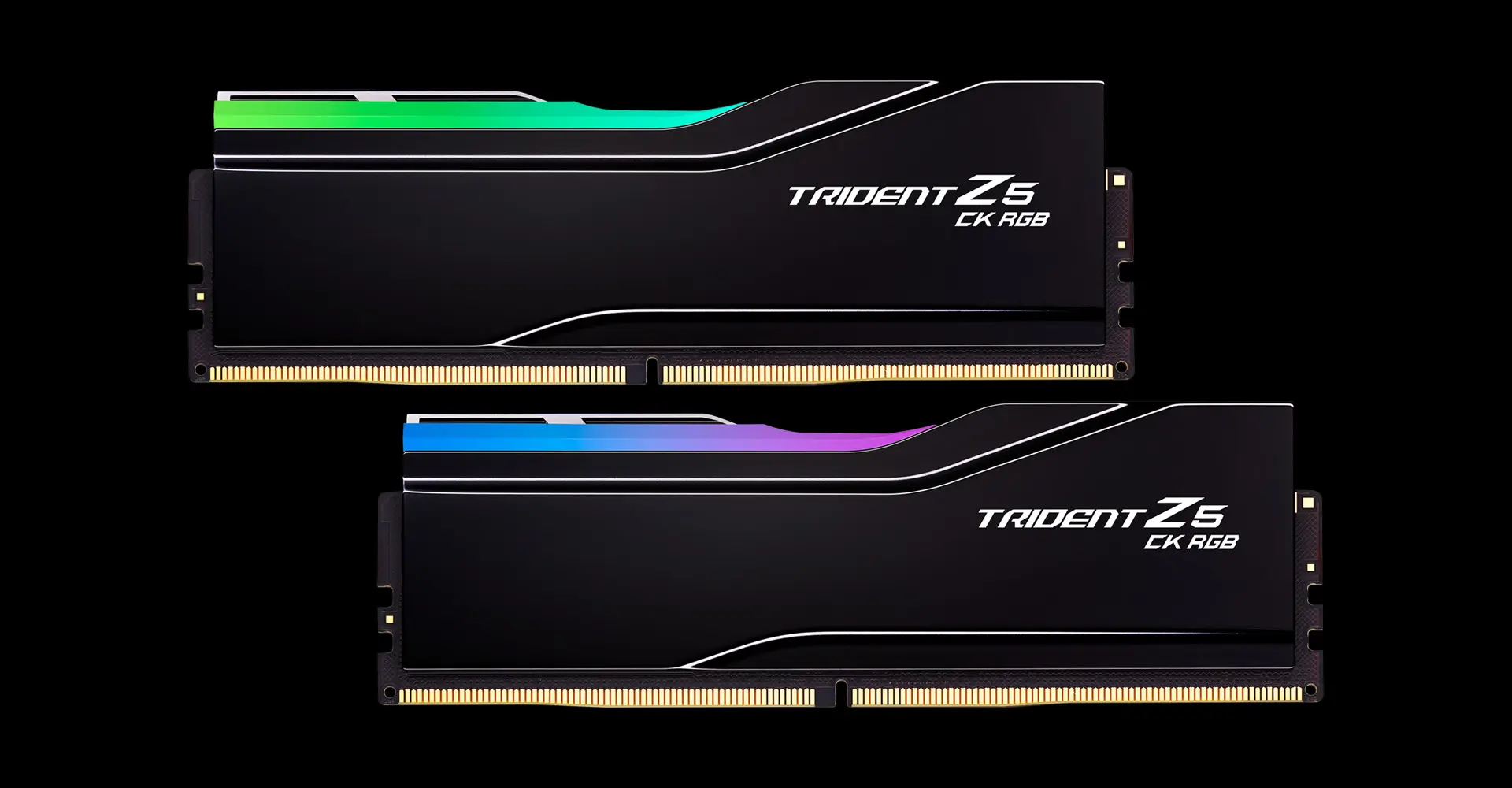 Two glossy black G.SKILL Trident Z5 CK RGB DDR5 CU-DIMM modules with lit RGB light bars on a black background