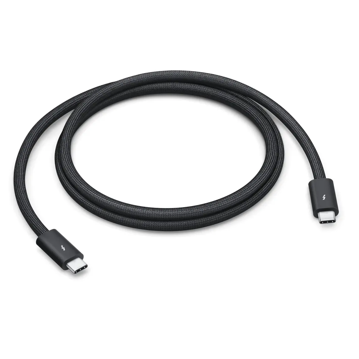 Thunderbolt 5 Pro Cable (1 metre) features a black braided design that coils without tangling, and can transfer data at up to 40 gigabytes per second.