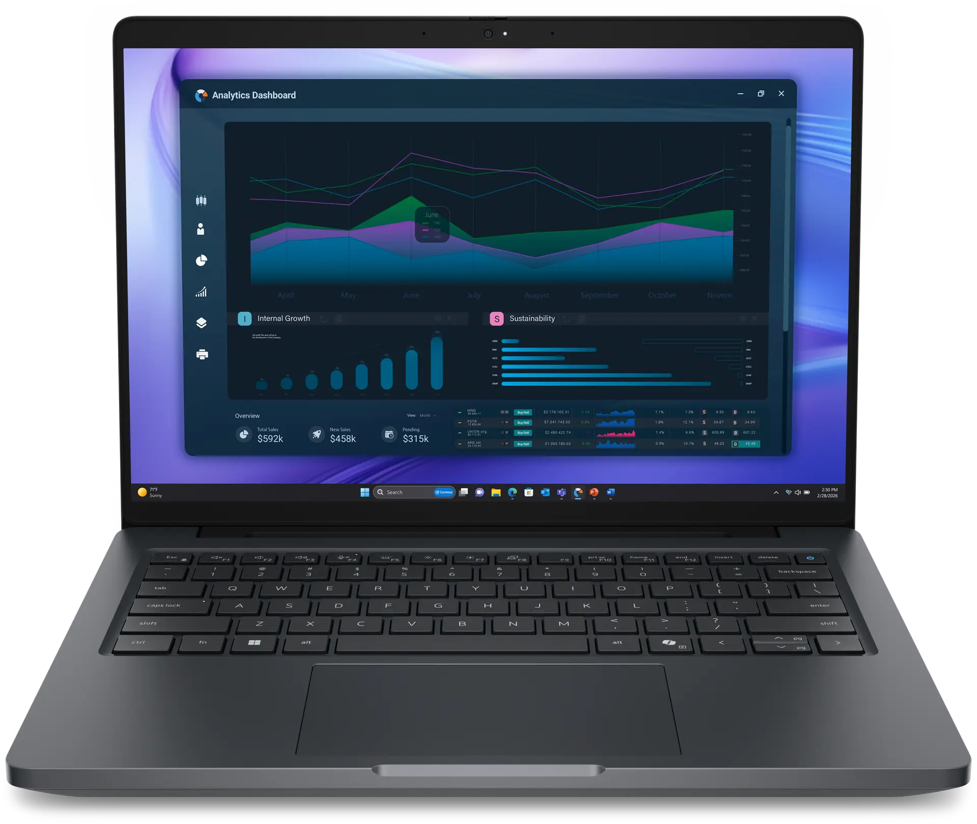View forward-facing Dell Pro Precision 5 Series 14 Laptop with a graph on it.