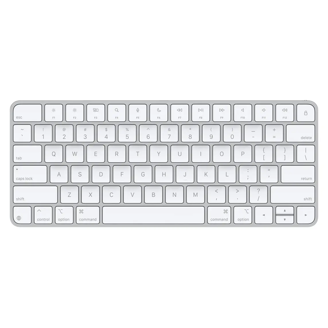 Magic Keyboard, white keys, silver aluminium structure, full-height function keys, half-height up and down arrow keys