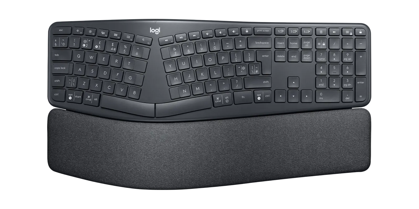 Logitech ERGO K860 split ergonomic keyboard in Graphite with English UK QWERTY (ISO) layout and integrated wrist rest, official top view