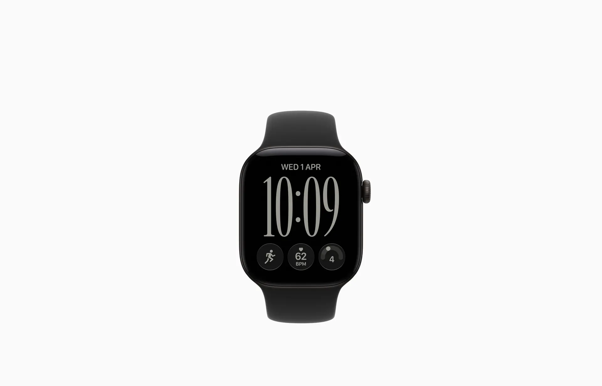 42-millimetre Apple Watch Series 12, aluminium case, black colour, matt finish, edge-to-edge display, rounded corners, Digital Crown dial