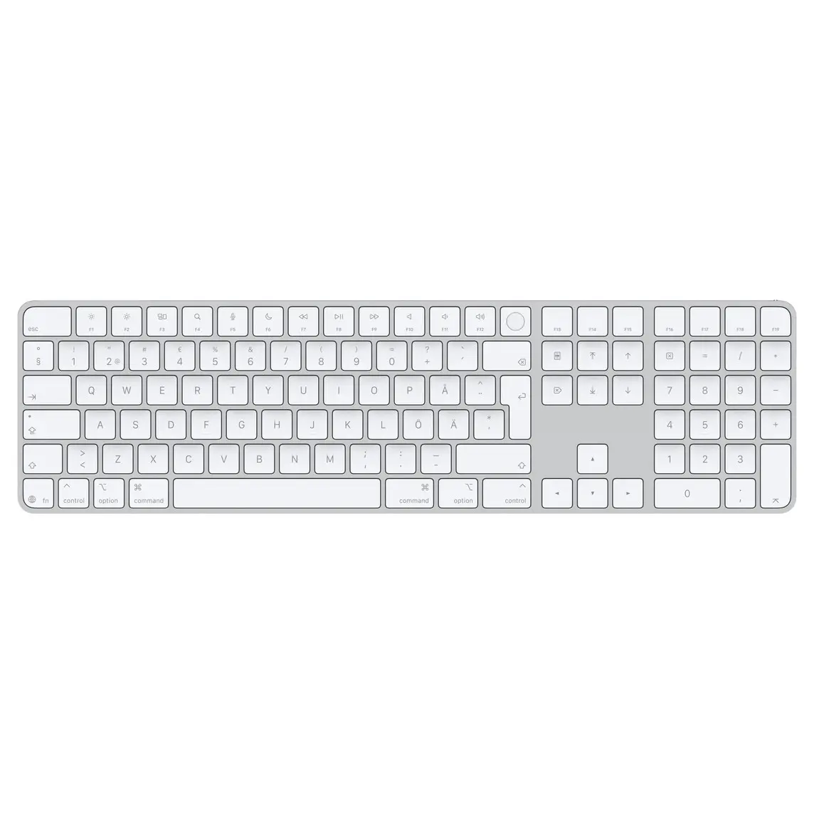 Magic Keyboard with Touch ID and Numeric Keypad, whitekeys, silver aluminium structure, round Touch ID sensor, full-height function keys