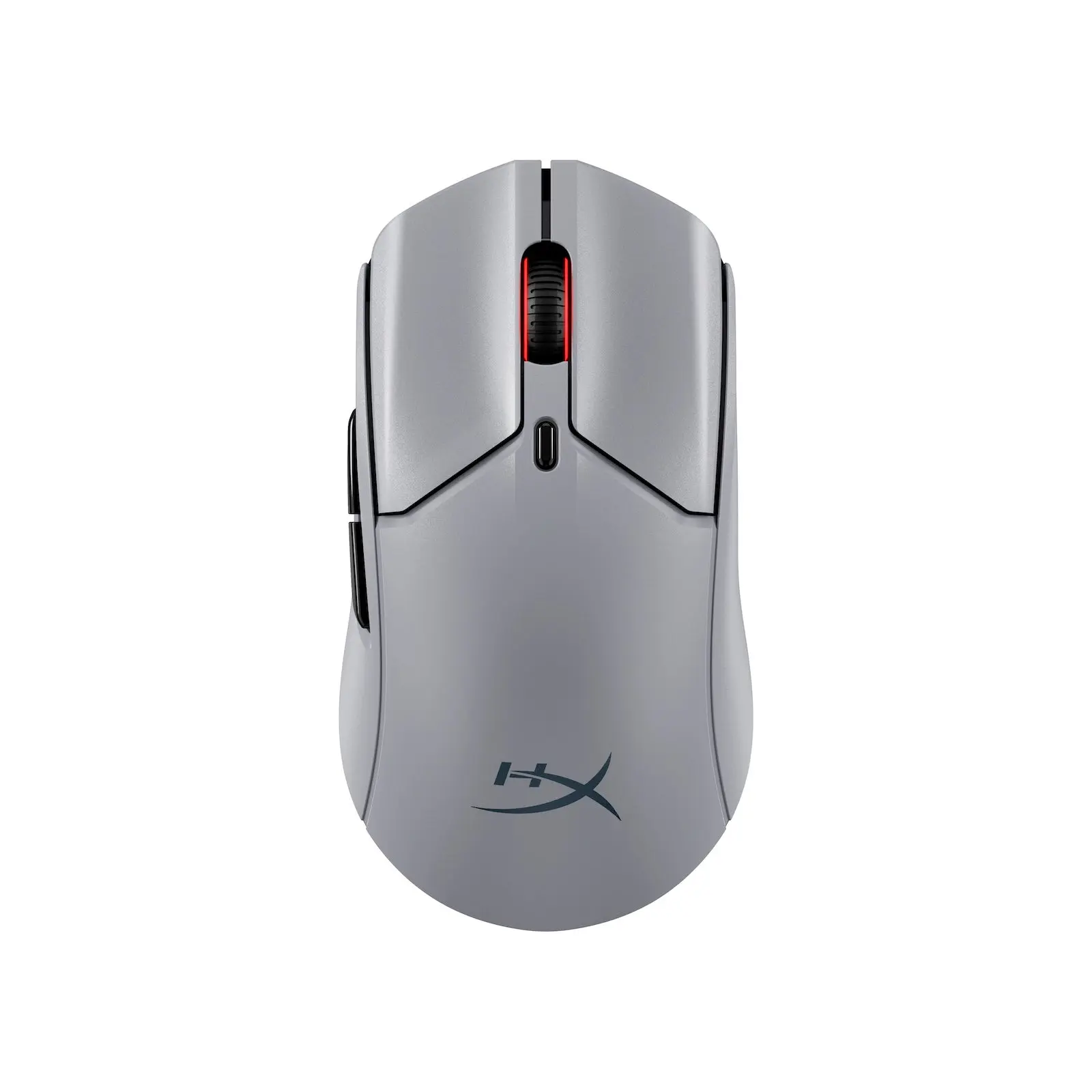 HyperX Pulsefire Haste 2 Pro 4K Wireless mouse in slate grey, top view showing the red-lit scroll wheel, DPI button and two left side buttons, no cable