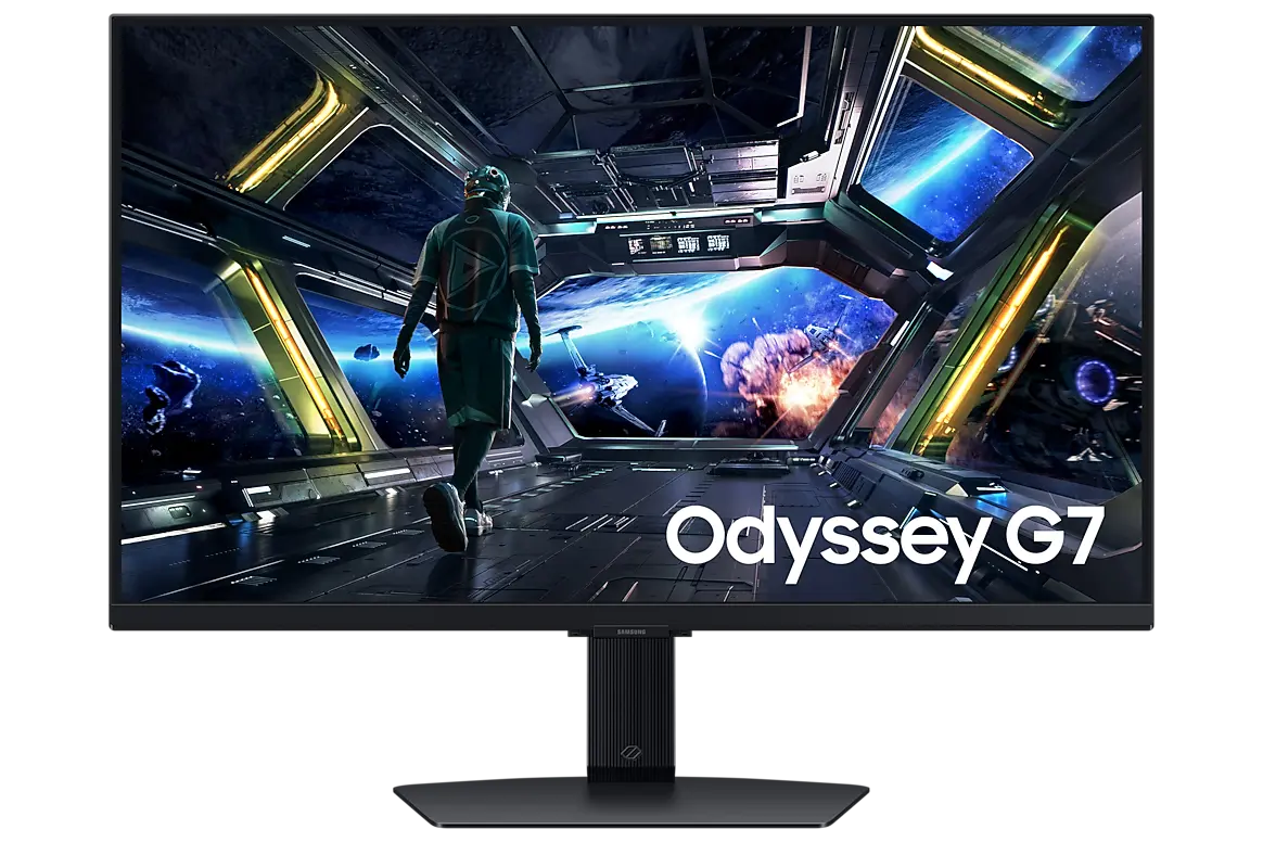 Samsung Odyssey G7 G70D 27-inch monitor, official exact-model gallery view showing the screen and supplied stand.