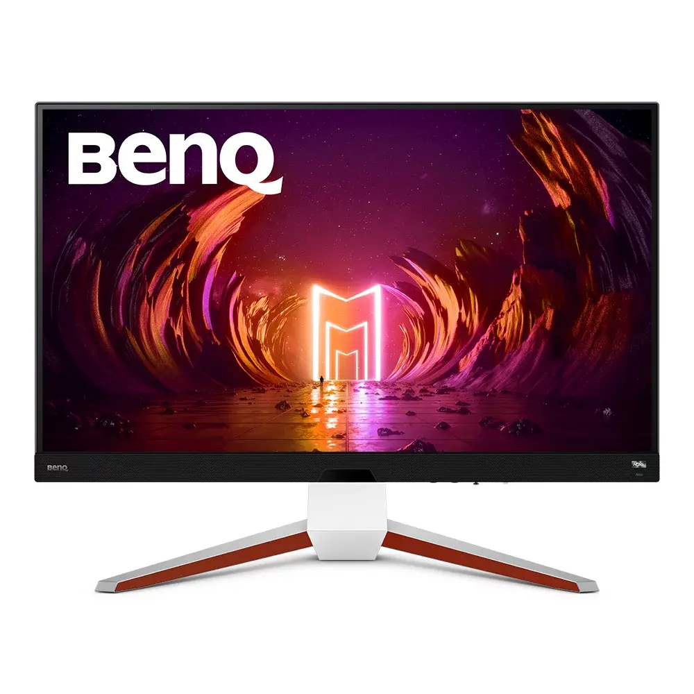 BenQ MOBIUZ EX3210U 32-inch gaming monitor from the front on its white and orange V-shaped stand.