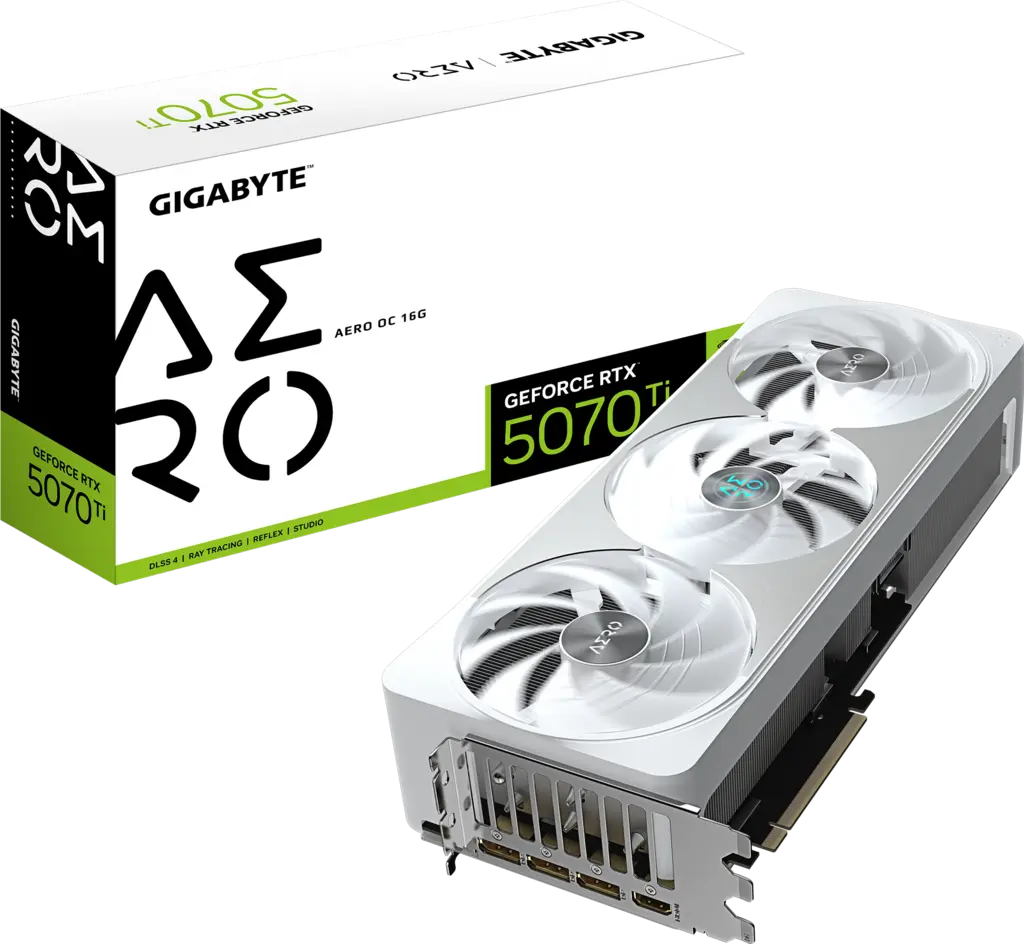 Gigabyte GeForce RTX 5070 Ti AERO OC 16G graphics card in white and silver with its retail box, showing the fan shroud and rear outputs