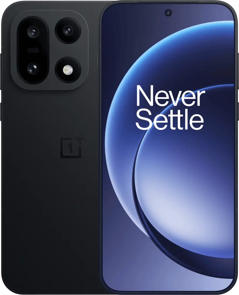 OnePlus 15 in Infinite Black, official front and rear product render