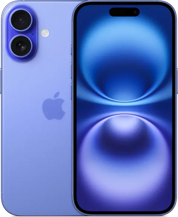 iPhone 16 in Ultramarine, front and rear