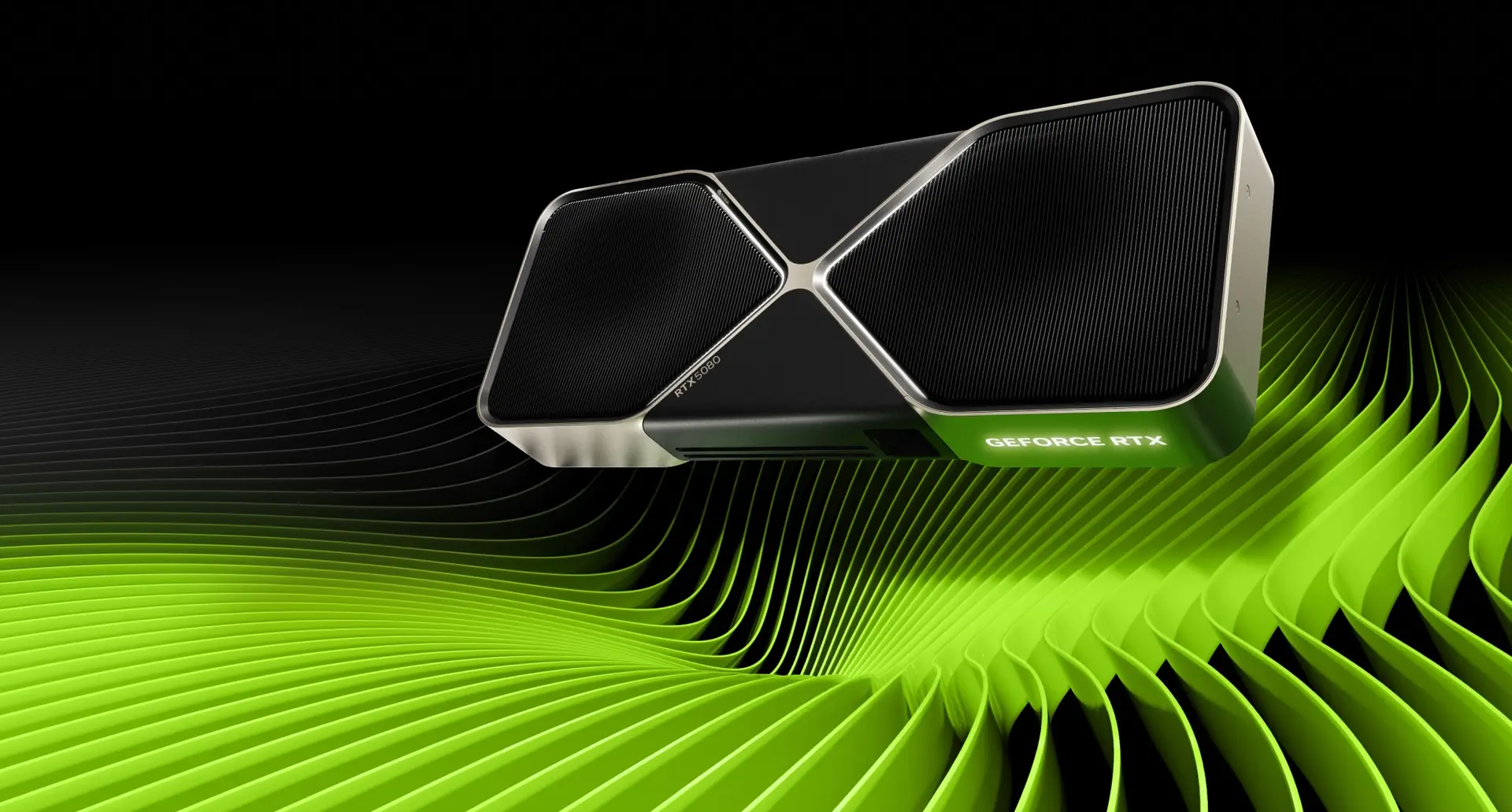 NVIDIA GeForce RTX 5080 Founders Edition black and silver cooler marked RTX 5080, on NVIDIA's green and black promotional background
